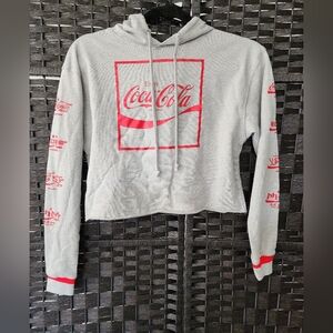 Coca-Cola Multi Language Sleeve Crop Hoodie Size Medium Heather Gray Red Letter